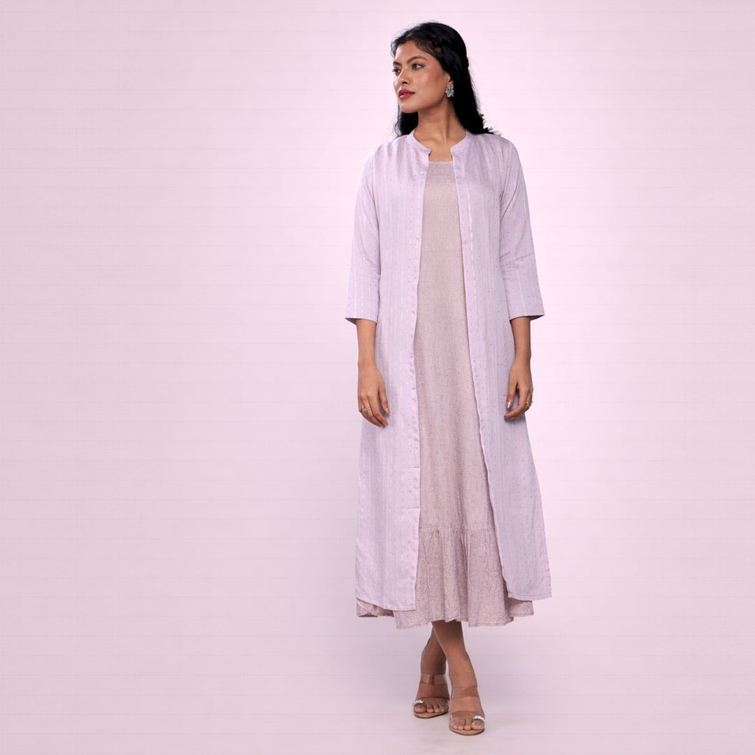 Women's Lilac Chanderi Midi Dress with Shrug | 2-Piece Flared Ethnic Dress Set | Casual, Festive & Party Wear