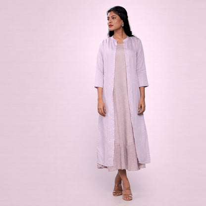 Women's Lilac Chanderi Midi Dress with Shrug | 2-Piece Flared Ethnic Dress Set | Casual, Festive & Party Wear