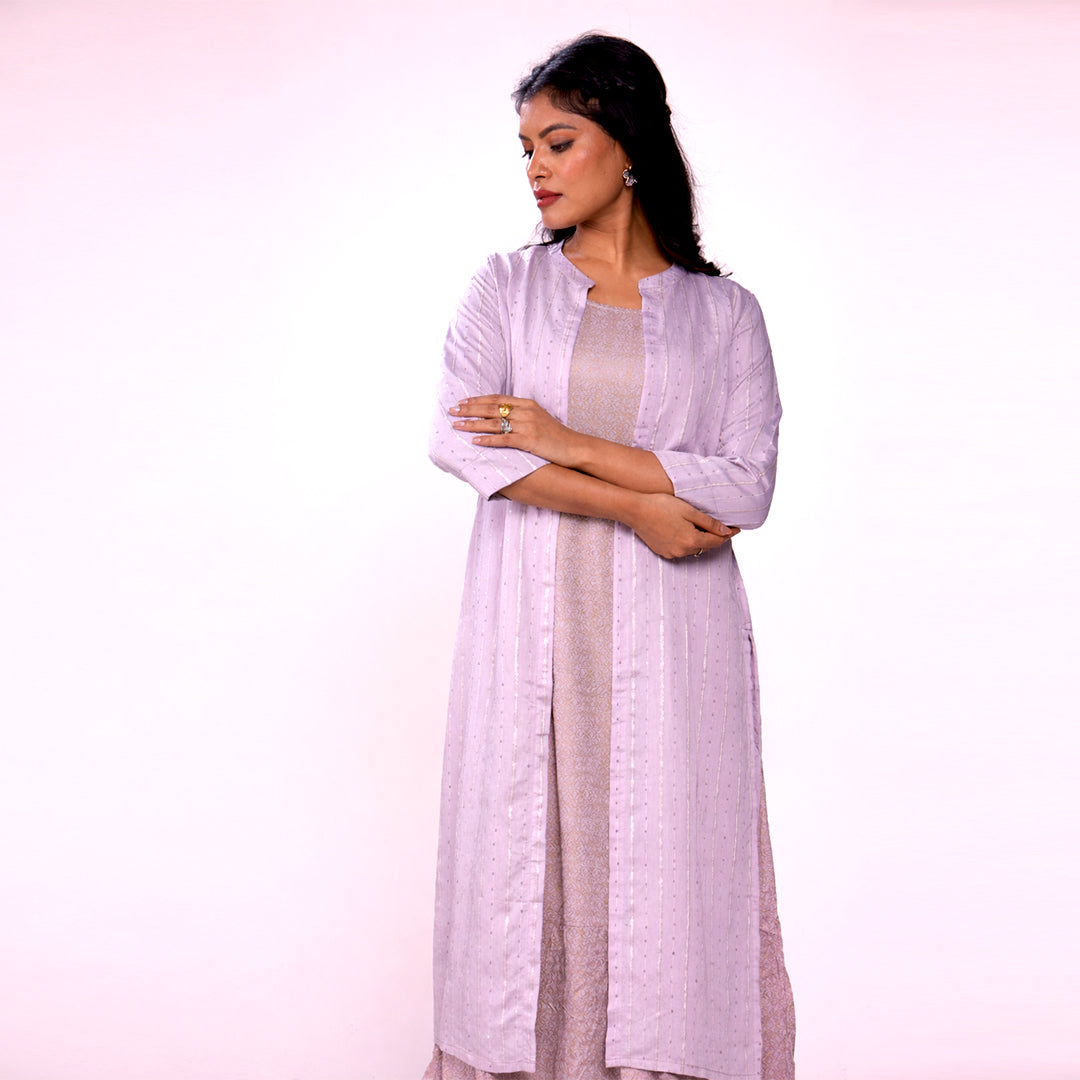 Women's Lilac Chanderi Midi Dress with Shrug | 2-Piece Flared Ethnic Dress Set | Casual, Festive & Party Wear