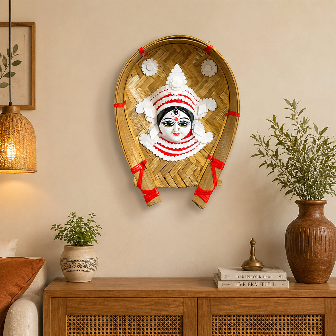 Handcrafted Sholapith Devi Wall Hanging | Traditional Bengali Durga Face Art on Bamboo Kulo | Ethnic Home Décor I Devi Artistry