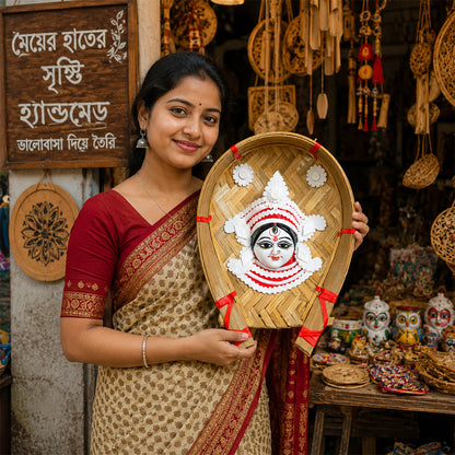 Handcrafted Sholapith Devi Wall Hanging | Traditional Bengali Durga Face Art on Bamboo Kulo | Ethnic Home Décor I Devi Artistry