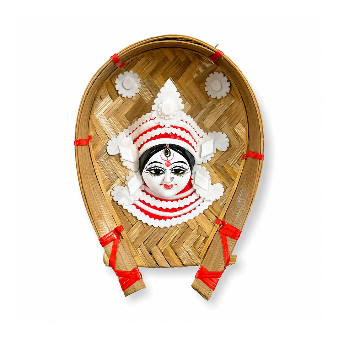 Handcrafted Sholapith Devi Wall Hanging | Traditional Bengali Durga Face Art on Bamboo Kulo | Ethnic Home Décor I Devi Artistry