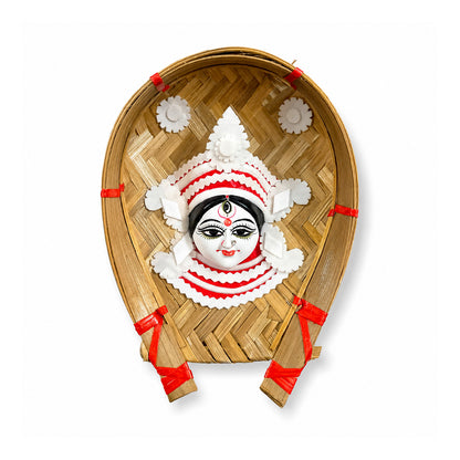 Handcrafted Sholapith Devi Wall Hanging | Traditional Bengali Durga Face Art on Bamboo Kulo | Ethnic Home Décor I Devi Artistry