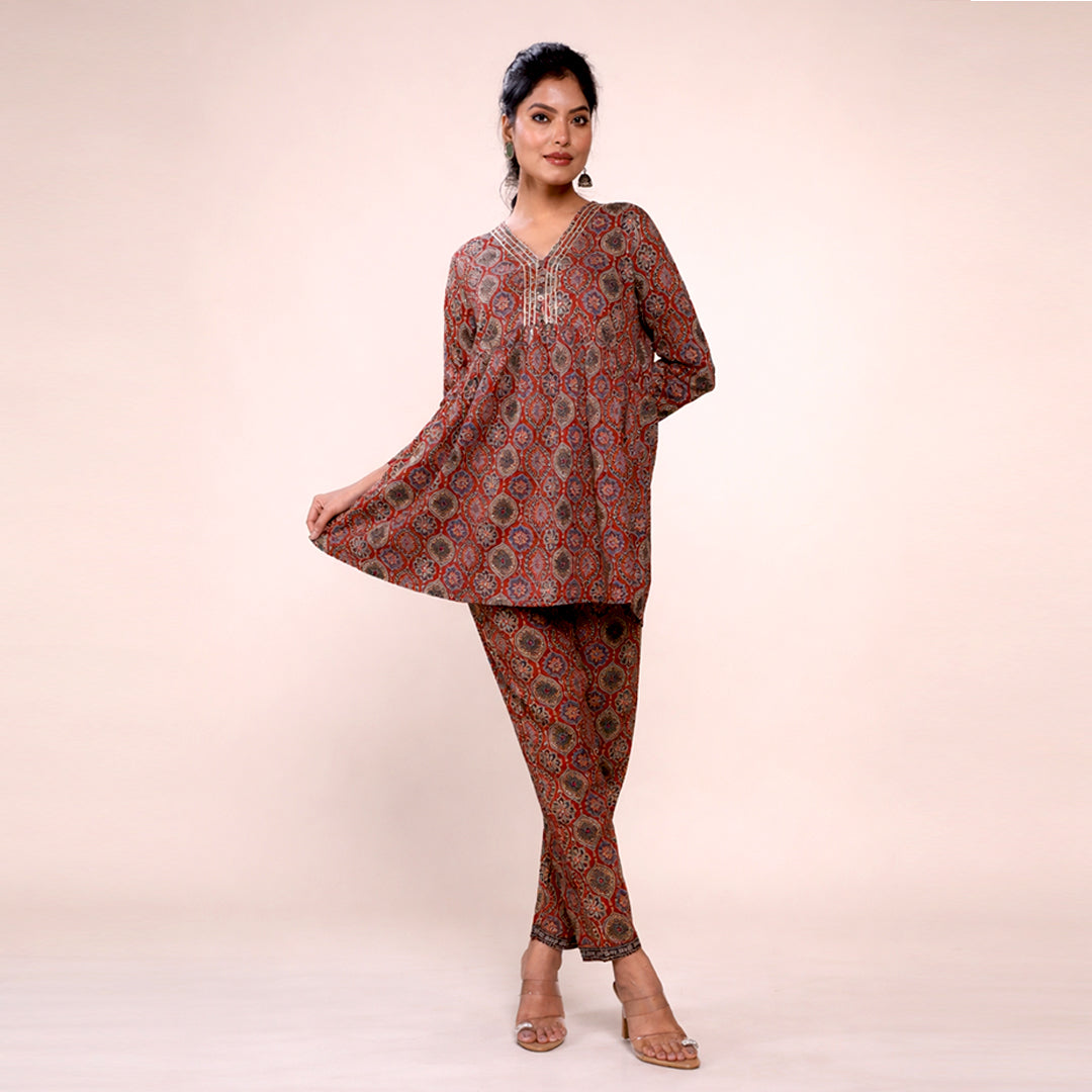 Cotton Printed Kurta & Pant Co-ord Set for Women | Ethnic V-Neck Casual Wear