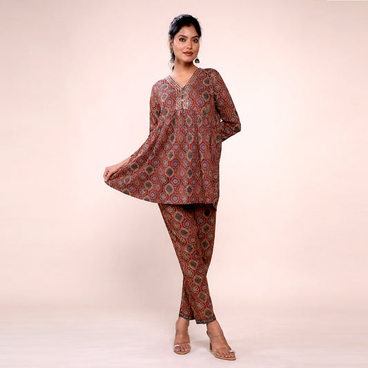 Cotton Printed Kurta & Pant Co-ord Set for Women | Ethnic V-Neck Casual Wear