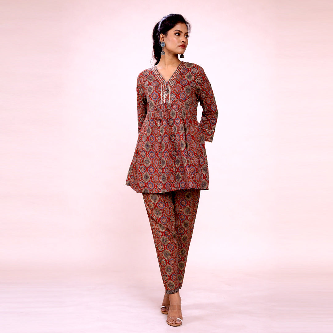 Cotton Printed Kurta & Pant Co-ord Set for Women | Ethnic V-Neck Casual Wear