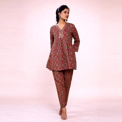 Cotton Printed Kurta & Pant Co-ord Set for Women | Ethnic V-Neck Casual Wear