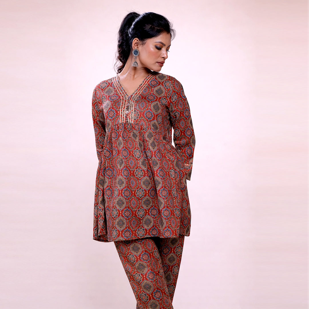 Cotton Printed Kurta & Pant Co-ord Set for Women | Ethnic V-Neck Casual Wear