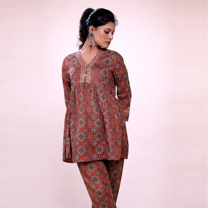 Cotton Printed Kurta & Pant Co-ord Set for Women | Ethnic V-Neck Casual Wear