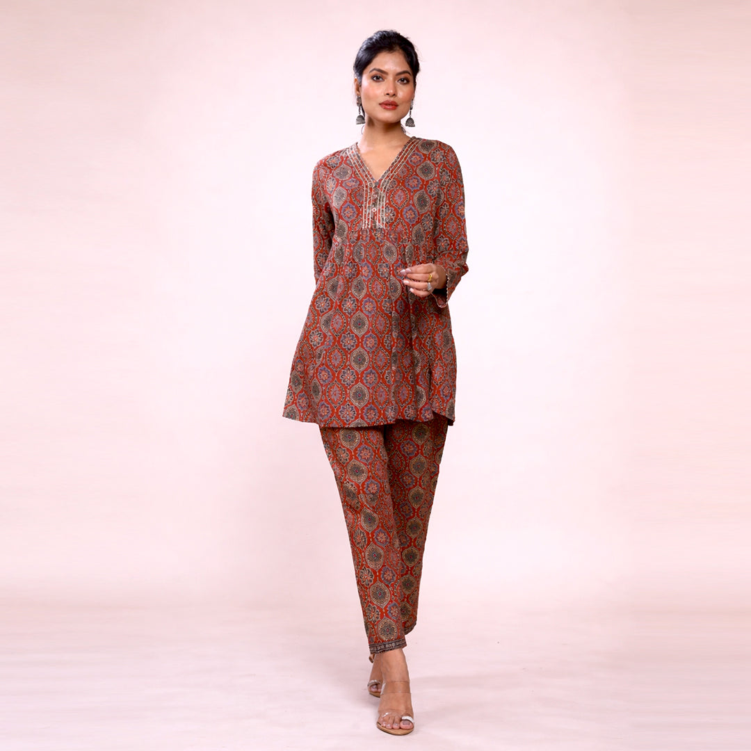 Cotton Printed Kurta & Pant Co-ord Set for Women | Ethnic V-Neck Casual Wear