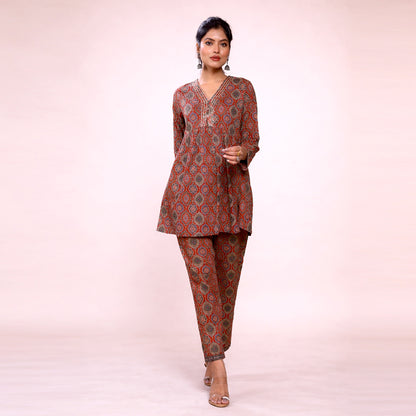 Cotton Printed Kurta & Pant Co-ord Set for Women | Ethnic V-Neck Casual Wear