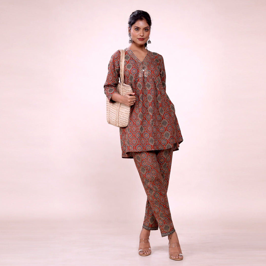 Cotton Printed Kurta & Pant Co-ord Set for Women | Ethnic V-Neck Casual Wear