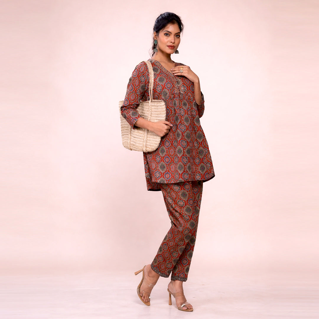 Cotton Printed Kurta & Pant Co-ord Set for Women | Ethnic V-Neck Casual Wear