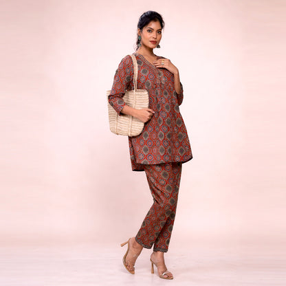 Cotton Printed Kurta & Pant Co-ord Set for Women | Ethnic V-Neck Casual Wear