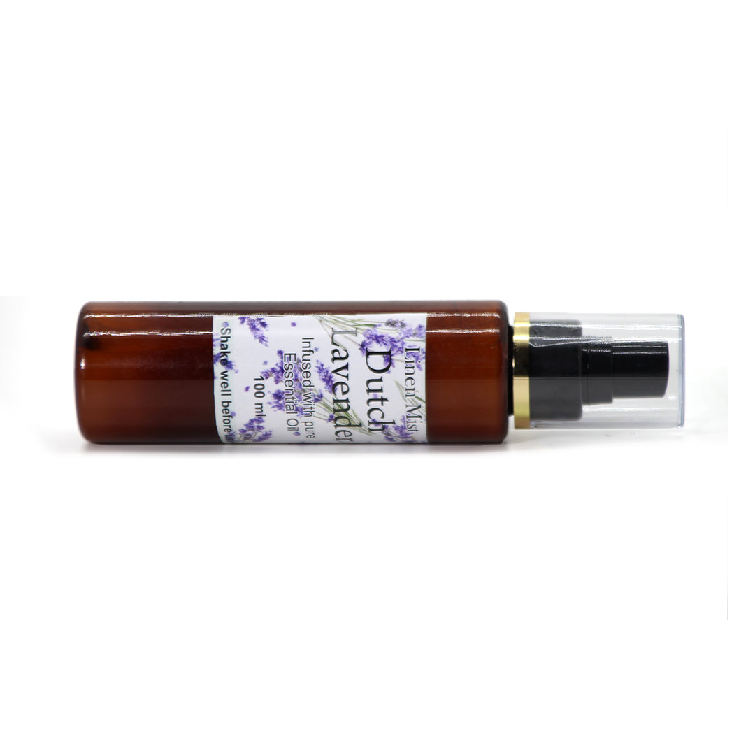 artkart Elegant Earthen Essential Oil Dutch Lavender Linen Mist - A brown spray bottle of Artkart Elegant Essential oil Dutch Lavender Linen Mist, with a label 