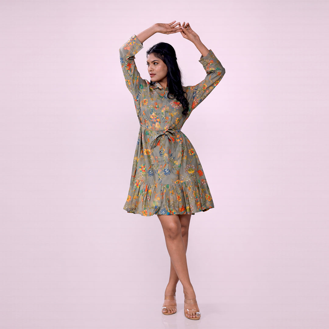 Cotton Floral Printed Shirt Dress for Women | Collared A-Line Mini Dress with Waist Belt