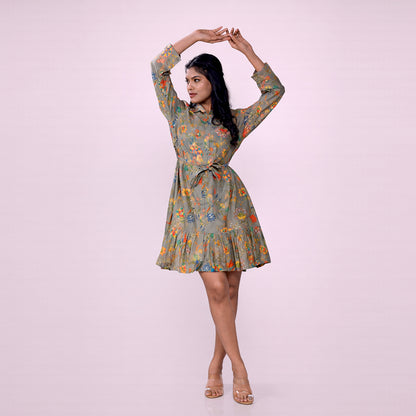 Cotton Floral Printed Shirt Dress for Women | Collared A-Line Mini Dress with Waist Belt