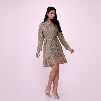 Cotton Floral Printed Shirt Dress for Women | Collared A-Line Mini Dress with Waist Belt