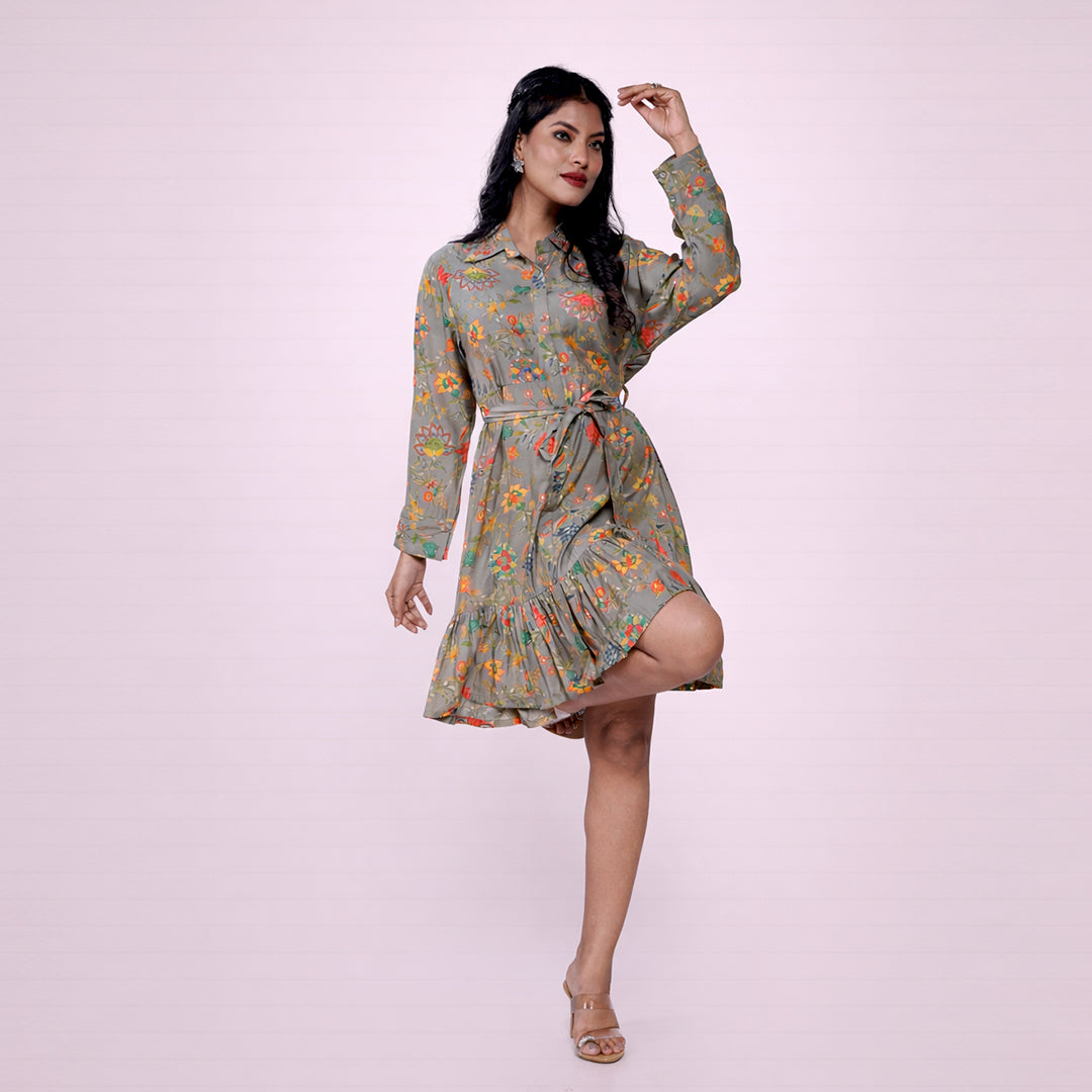 Cotton Floral Printed Shirt Dress for Women | Collared A-Line Mini Dress with Waist Belt