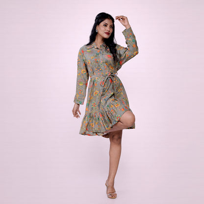 Cotton Floral Printed Shirt Dress for Women | Collared A-Line Mini Dress with Waist Belt
