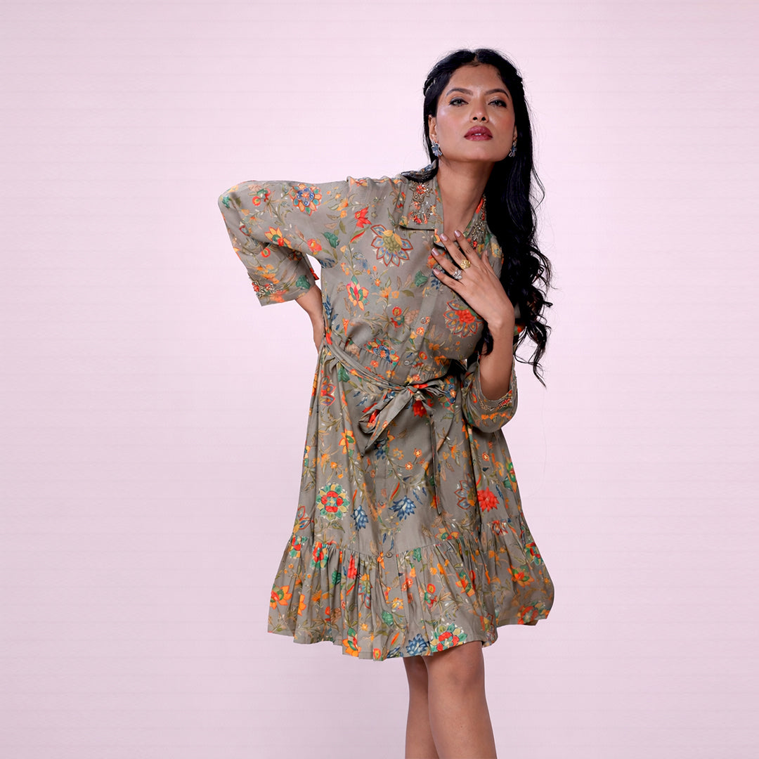 Cotton Floral Printed Shirt Dress for Women | Collared A-Line Mini Dress with Waist Belt