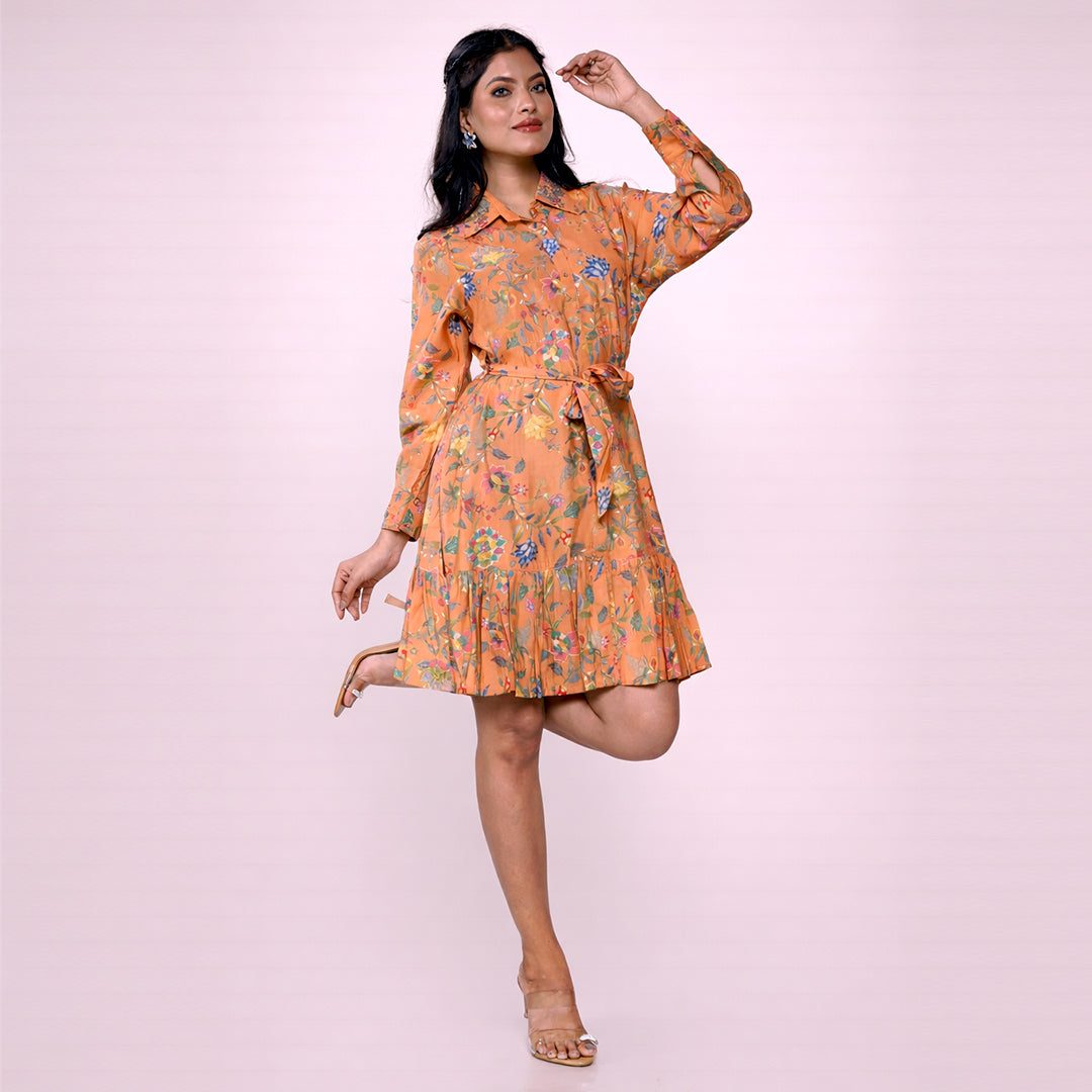 Cotton Floral Printed Shirt Dress for Women | Collared A-Line Mini Dress with Waist Belt