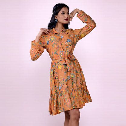 Cotton Floral Printed Shirt Dress for Women | Collared A-Line Mini Dress with Waist Belt