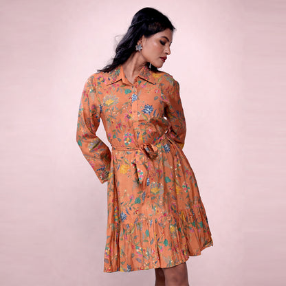 Cotton Floral Printed Shirt Dress for Women | Collared A-Line Mini Dress with Waist Belt