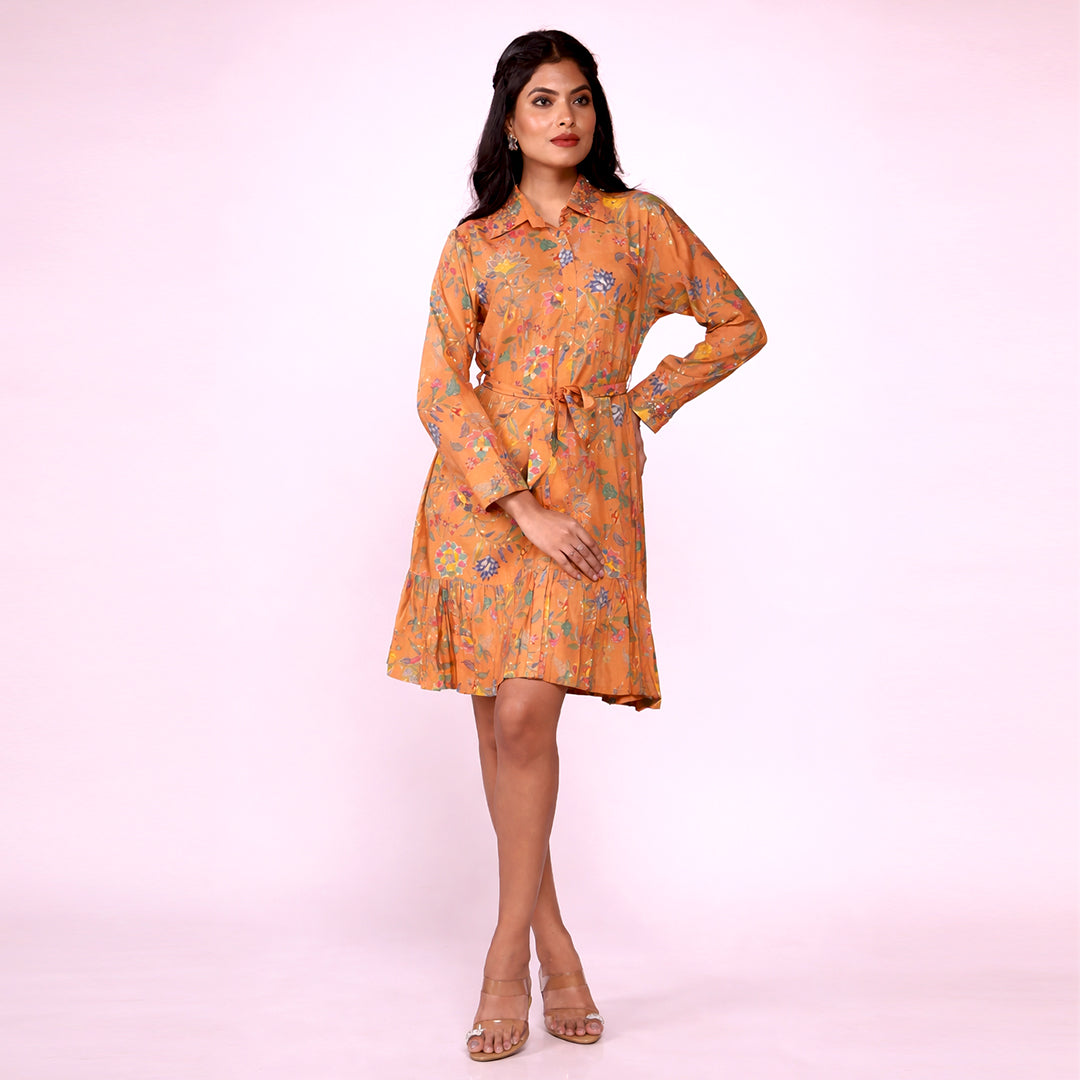 Cotton Floral Printed Shirt Dress for Women | Collared A-Line Mini Dress with Waist Belt