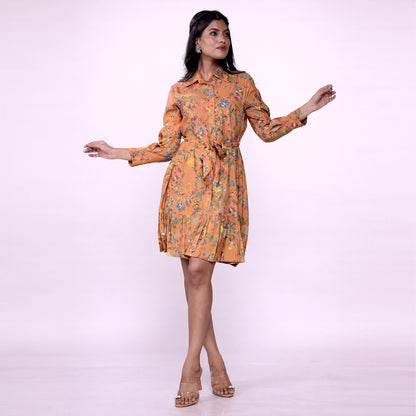 Cotton Floral Printed Shirt Dress for Women | Collared A-Line Mini Dress with Waist Belt