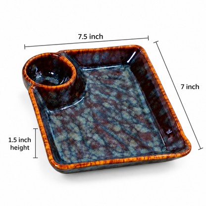 Handcrafted Ceramic Serving Tray with Dip Bowl in Blue & Brown Colour