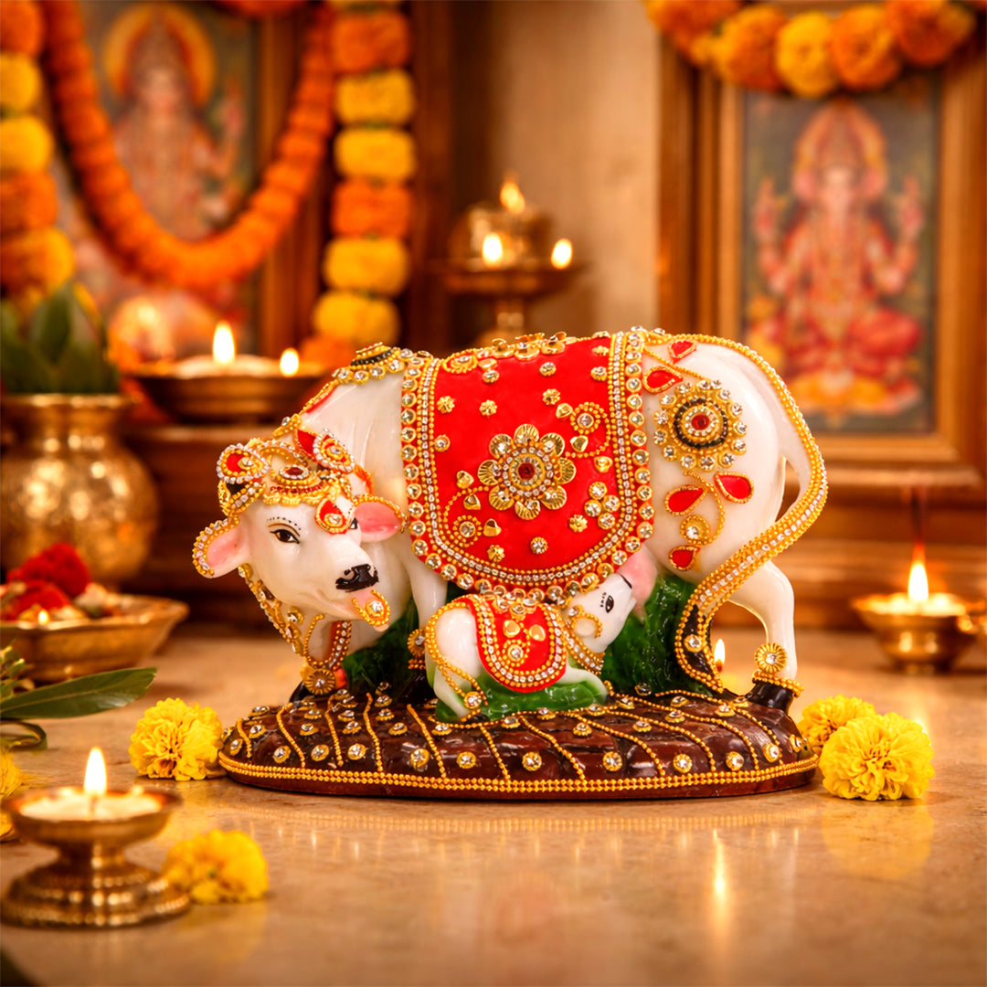 Kamadhenu & Calf – The Bejeweled Divine Cow of Prosperity and Blessings