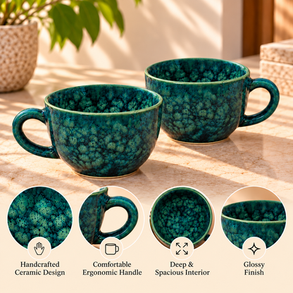 Handcrafted Ceramic Coffee Cups Set of 2 in Teal Green Colour