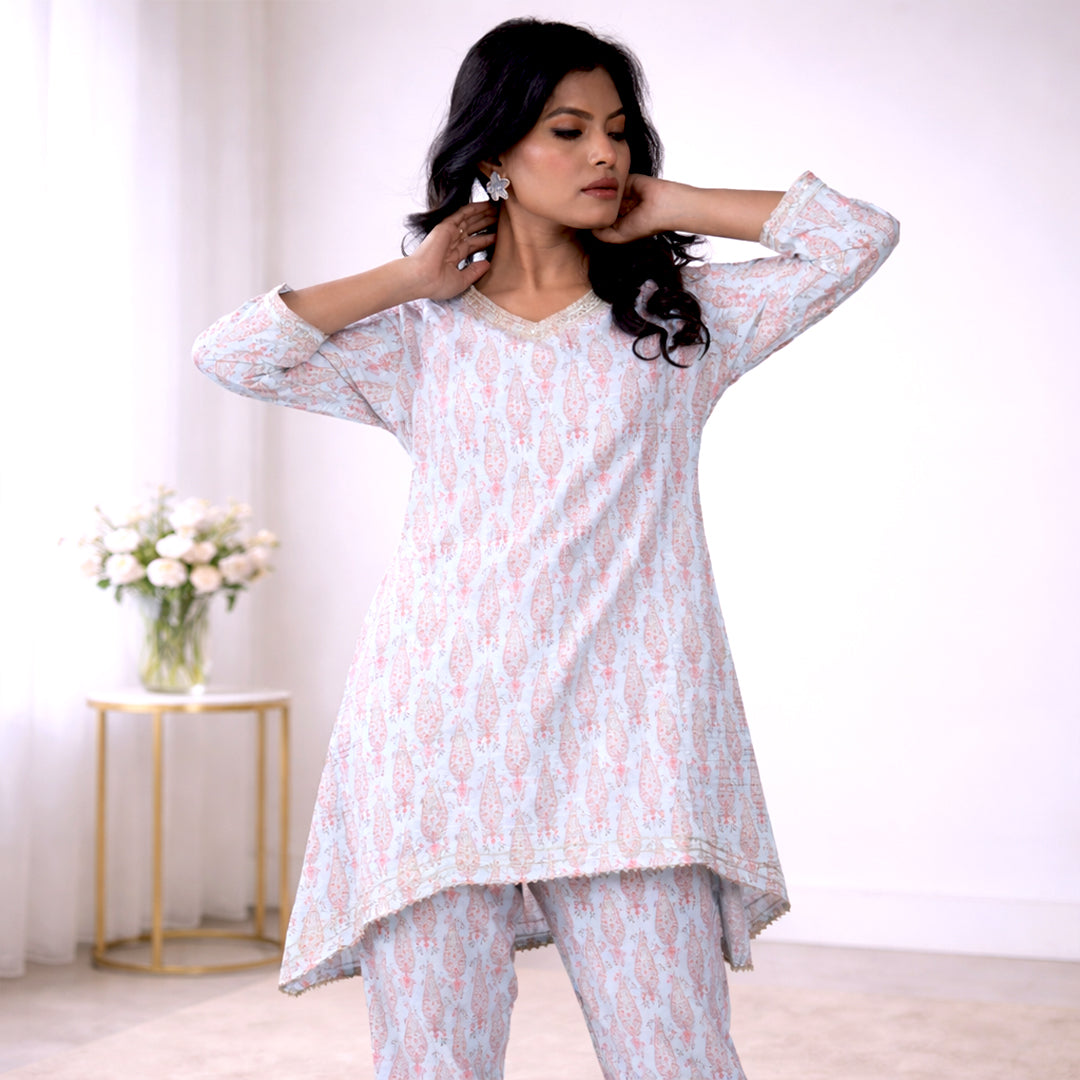 Cotton Printed Kurta & Pant Co-ord Set for Women | Asymmetrical Ethnic Co-ord Set
