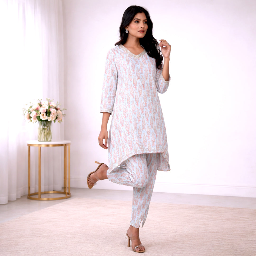 Cotton Printed Kurta & Pant Co-ord Set for Women | Asymmetrical Ethnic Co-ord Set