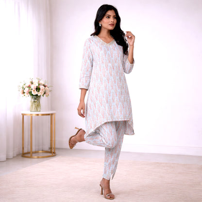 Cotton Printed Kurta & Pant Co-ord Set for Women | Asymmetrical Ethnic Co-ord Set