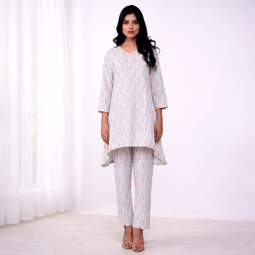 Cotton Printed Kurta & Pant Co-ord Set for Women | Asymmetrical Ethnic Co-ord Set