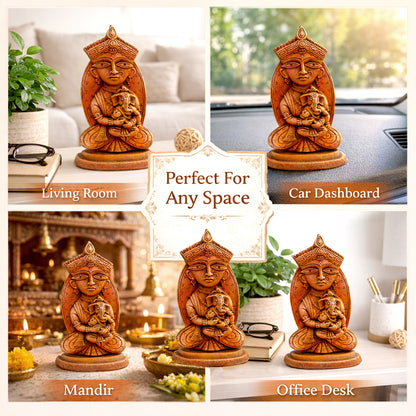 Handcrafted Terracotta Jamini Art Maa Durga with Baby Ganesha Idol | Decorative Vastu Showpiece | Spiritual Gift for Home, Office & Festivals
