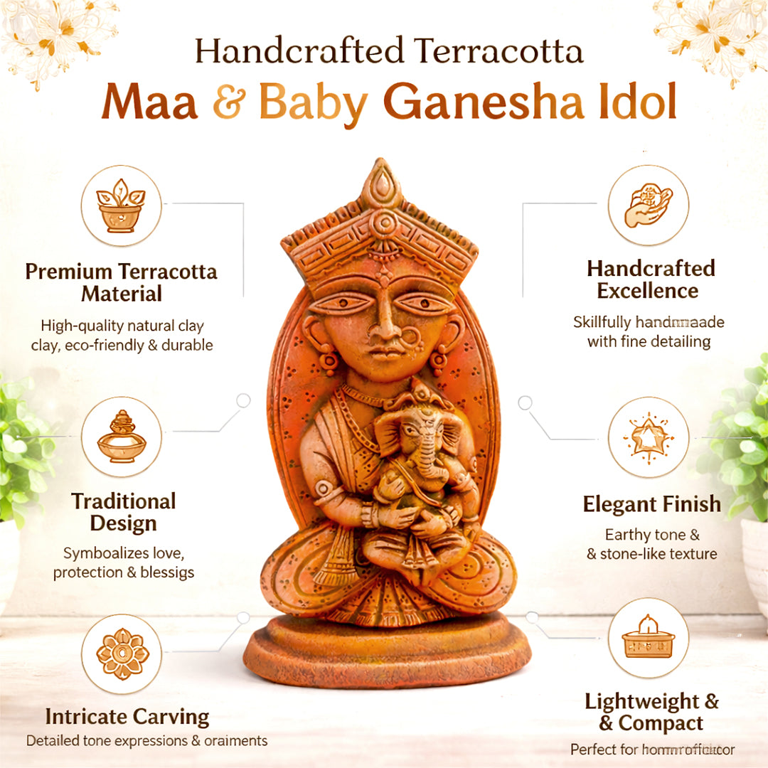 Handcrafted Terracotta Jamini Art Maa Durga with Baby Ganesha Idol | Decorative Vastu Showpiece | Spiritual Gift for Home, Office & Festivals