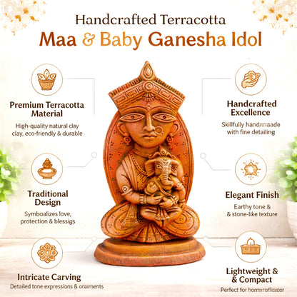 Handcrafted Terracotta Jamini Art Maa Durga with Baby Ganesha Idol | Decorative Vastu Showpiece | Spiritual Gift for Home, Office & Festivals
