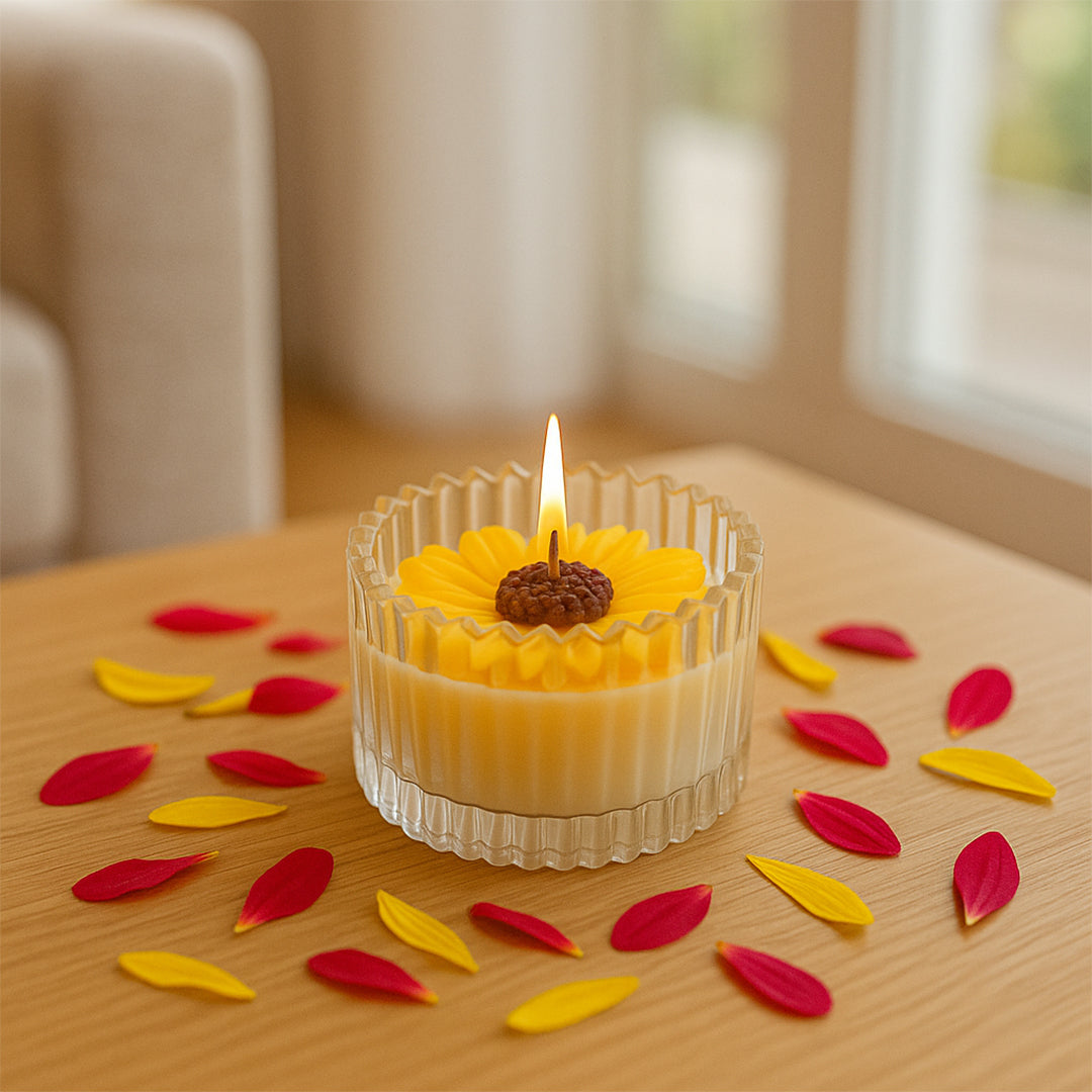 Royal Daisy Scented Candle - Lifestyle Image of Royal Daisy scented candle on a Table 