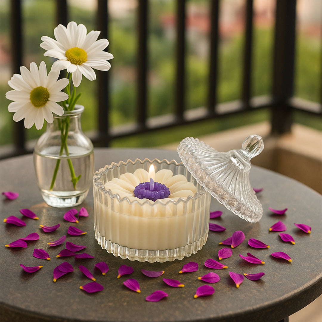 Royal Daisy Scented Candle - Lifestyle Image of Royal Daisy scented candle with Scenic View