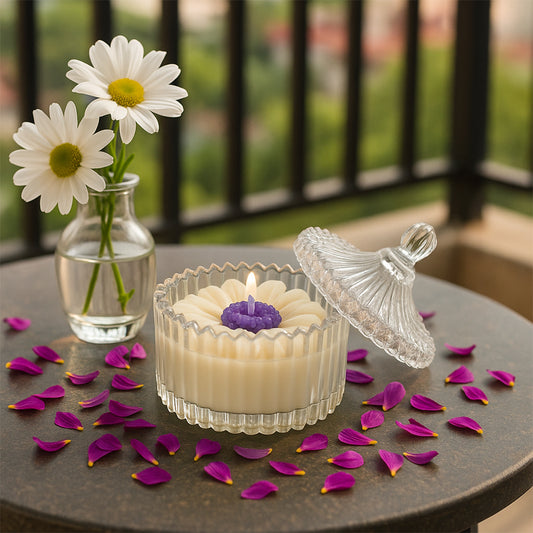 Royal Daisy Scented Candle - Lifestyle Image of Royal Daisy scented candle with Scenic View