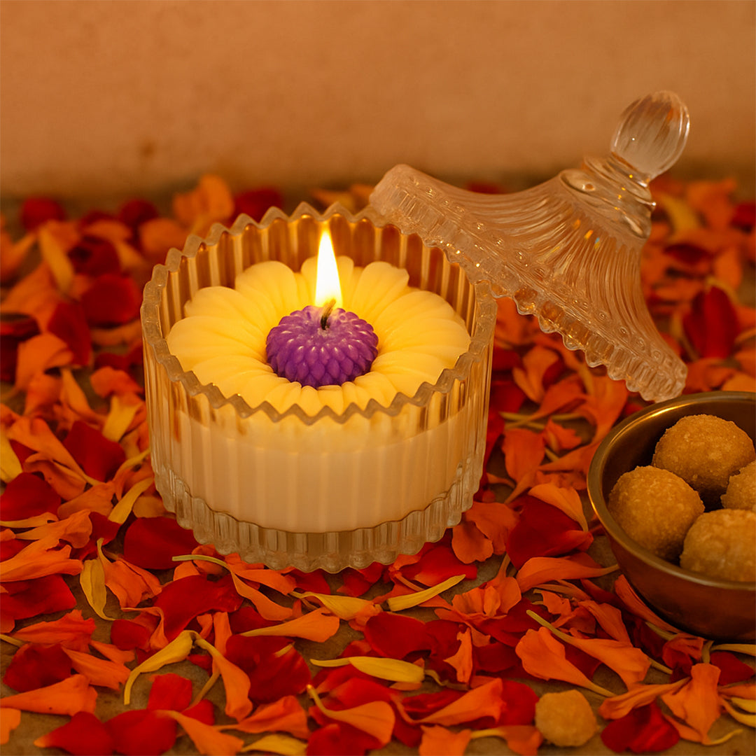 Royal Daisy Scented Candle - Lifestyle Image of Royal Daisy scented candle with Flower Petals 