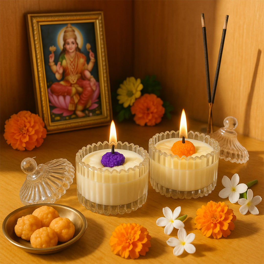 Royal Daisy scented candle combo - Lifestyle Image of Royal Daisy scented candle combo with Goddess Idol