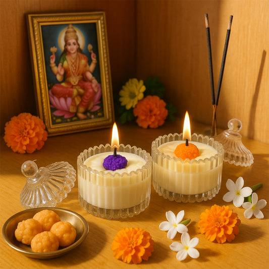 Royal Daisy scented candle combo - Lifestyle Image of Royal Daisy scented candle combo with Goddess Idol