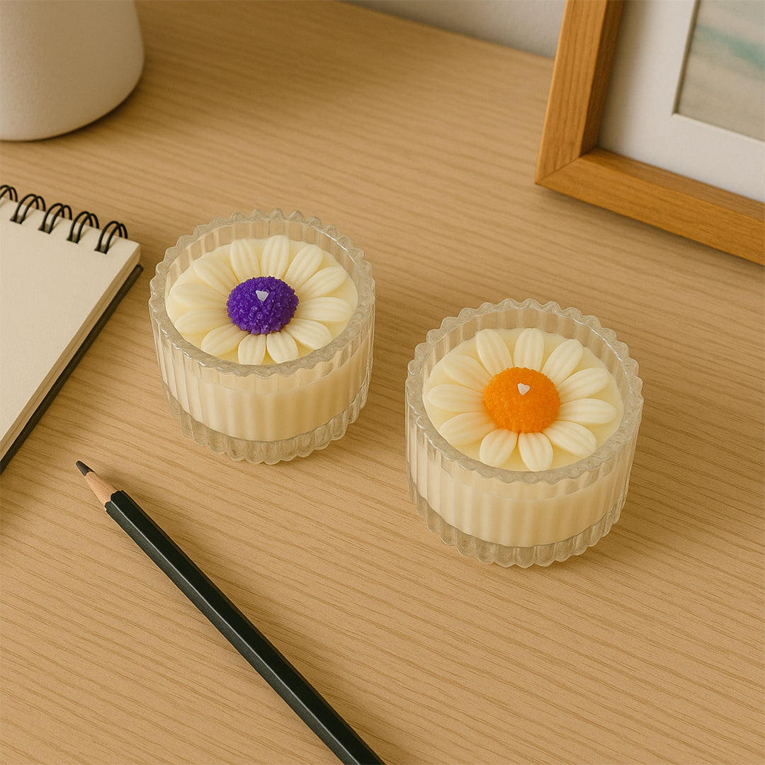 Royal Daisy scented candle combo - Lifestyle Image of Royal Daisy scented candle combo on a wooden table