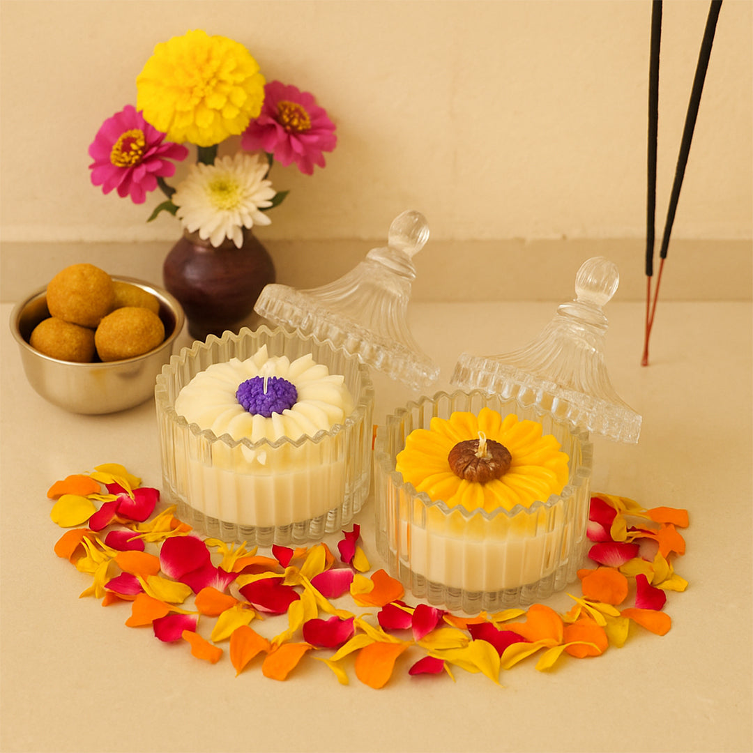 Royal Daisy scented candle combo - Lifestyle Image of Royal Daisy scented candle combo with flowers