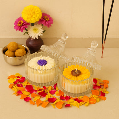 Royal Daisy scented candle combo - Lifestyle Image of Royal Daisy scented candle combo with flowers