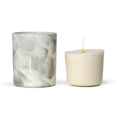 artkart Elegant Earthen Beauty Marbled Serenity Scented Candles - Front View of Marble Jar and Candle